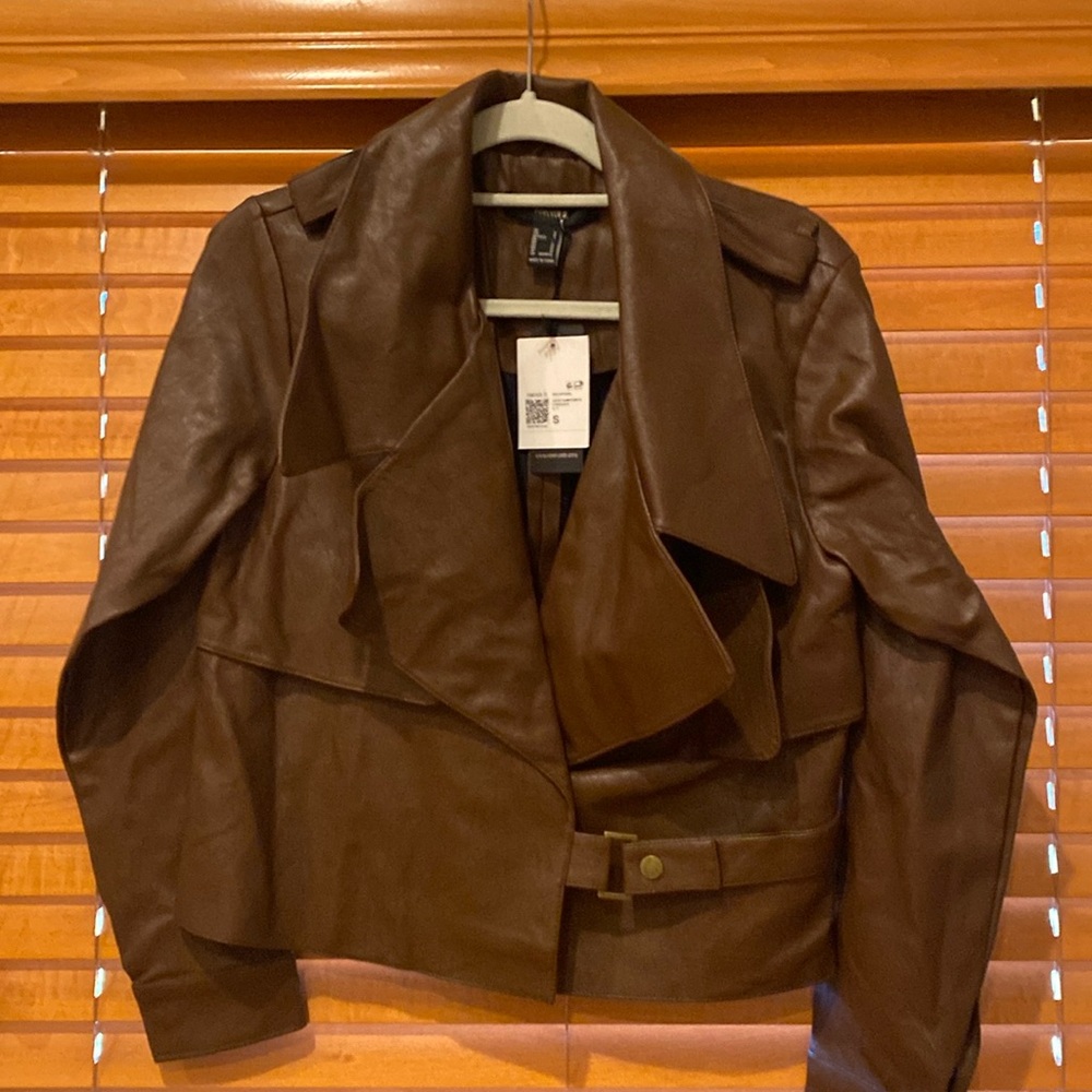 Forever 21 faux Brown  Leather motorcycle Jacket size S (a1)